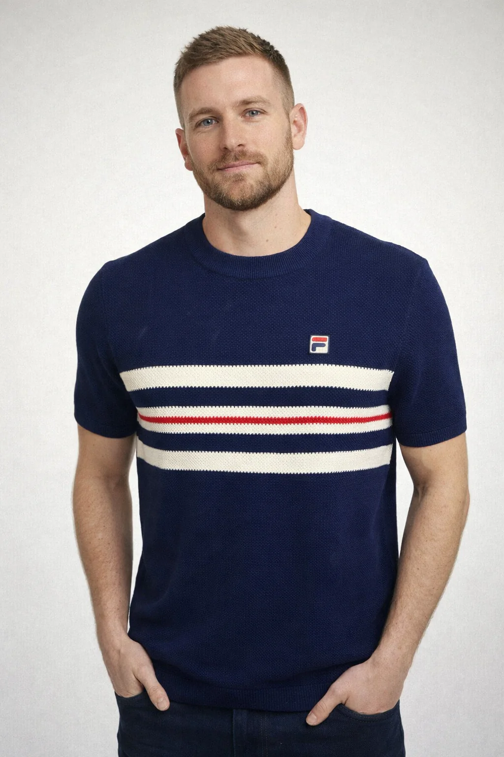 FILA Gerardo Mesh Stripe Knitted Tee Navy - 354