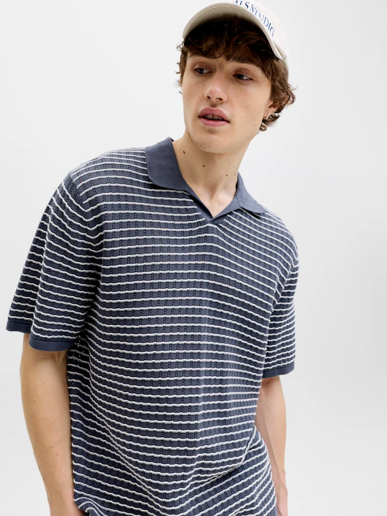 Jack & Jones Striped Knitwear V Neck Polo Navy - 045
