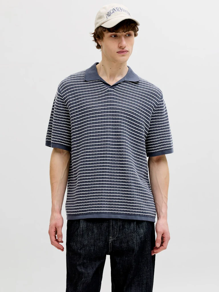 Jack & Jones Striped Knitwear V Neck Polo Navy - 045 - Image 2