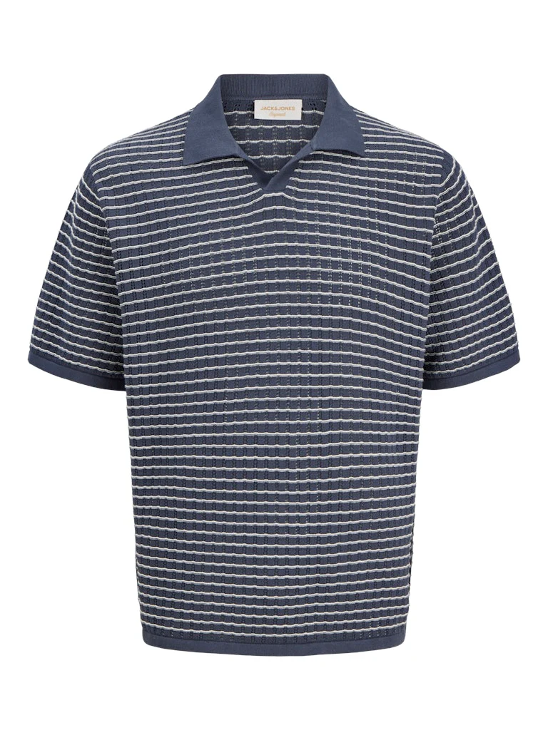 Jack & Jones Striped Knitwear V Neck Polo Navy - 045 - Image 4