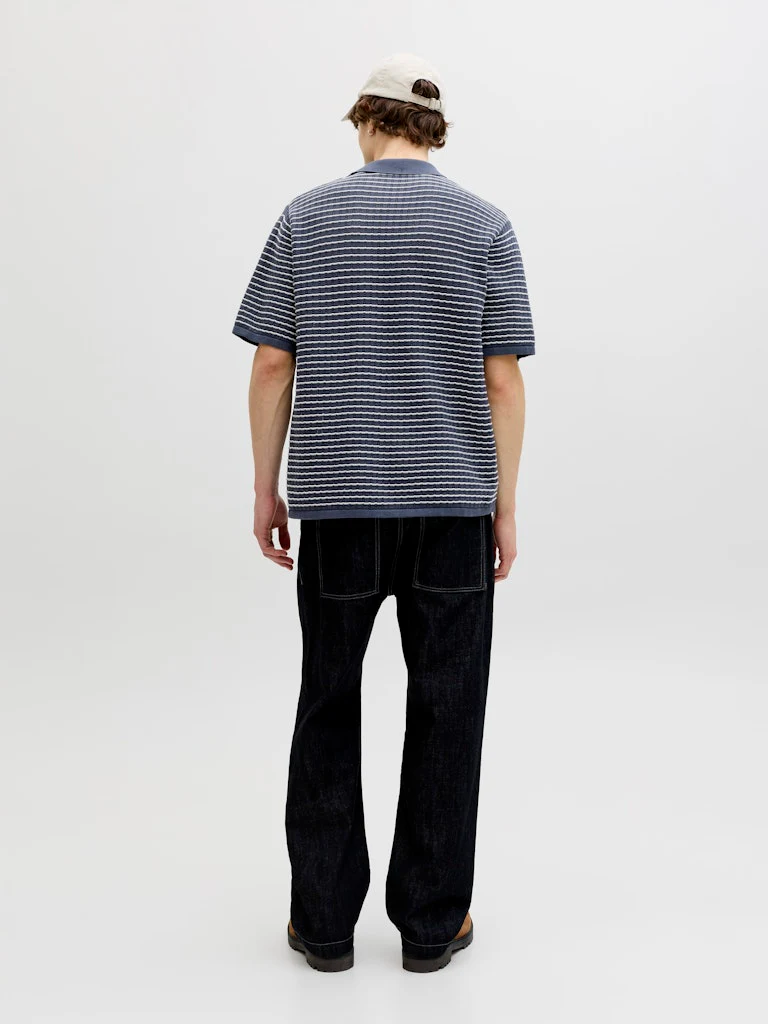 Jack & Jones Striped Knitwear V Neck Polo Navy - 045 - Image 5