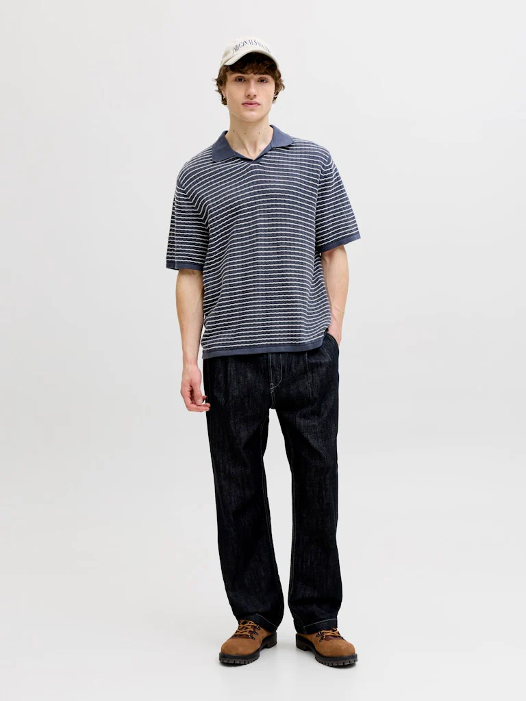Jack & Jones Striped Knitwear V Neck Polo Navy - 045 - Image 7