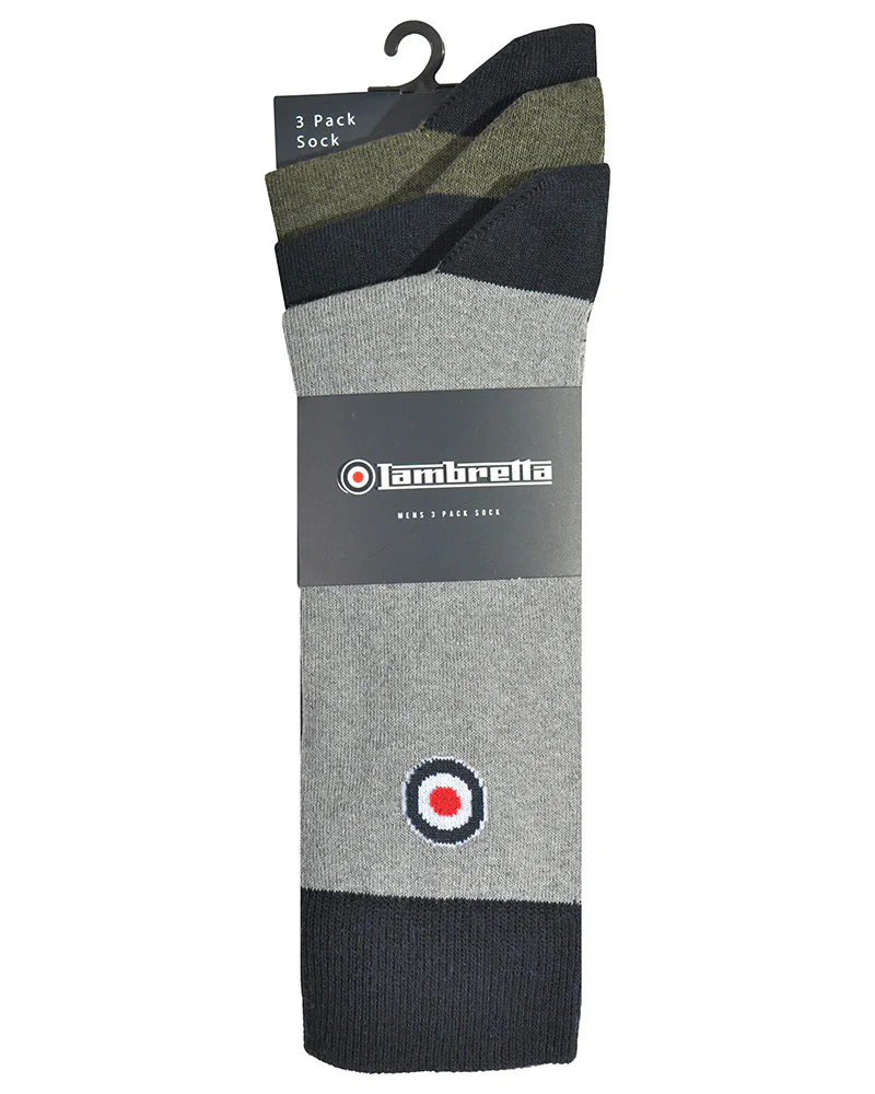 Lambretta 3 Pack Paisley Target Socks Grey/Navy/Khaki - 1458