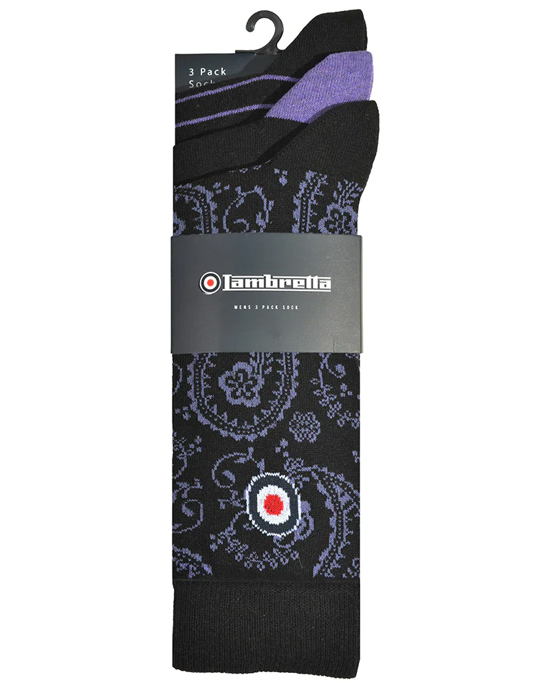 Lambretta 3 Pack Paisley Target Socks Black/Wine - 1456