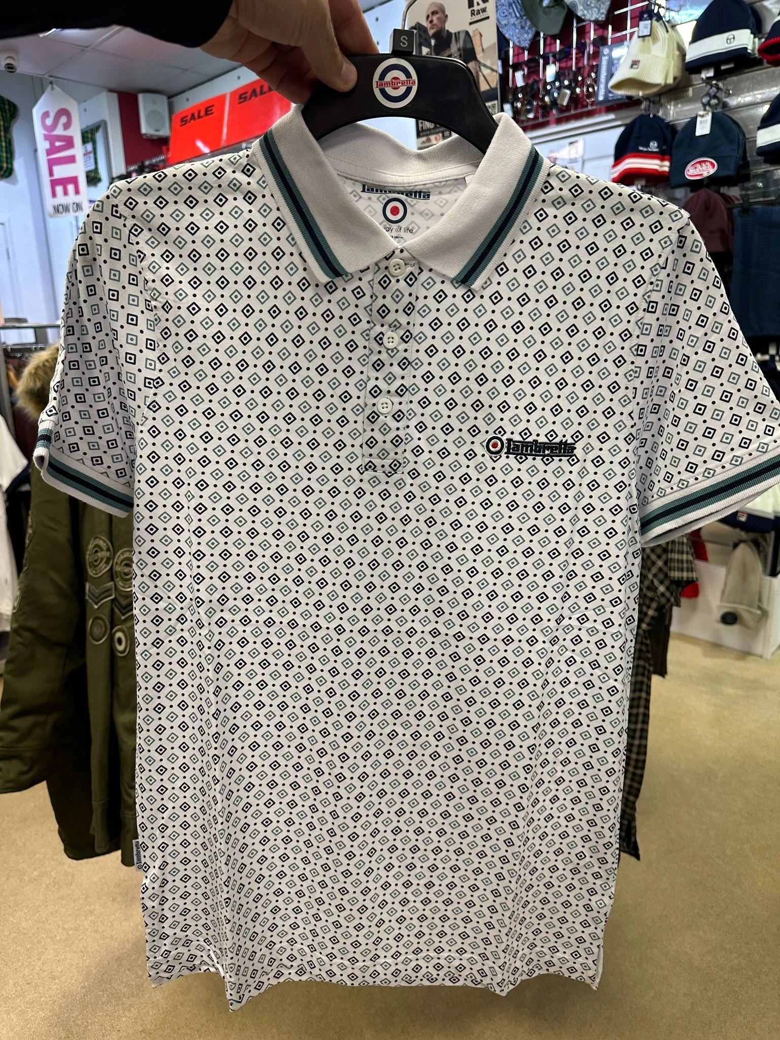 Lambretta GEO AOP Polo White Navy/Smoke Blue - 169 - Image 7