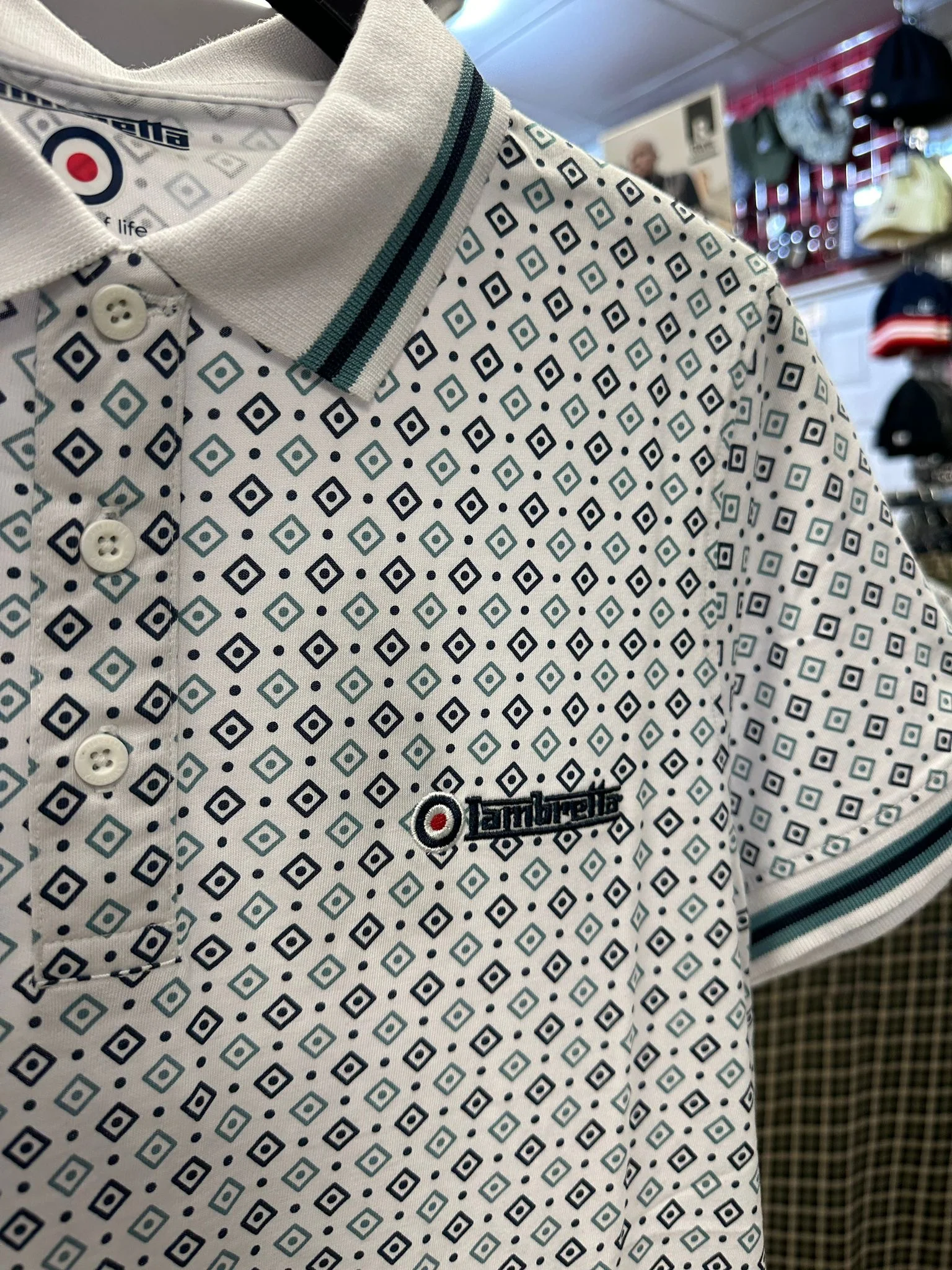 Lambretta GEO AOP Polo White Navy/Smoke Blue - 169 - Image 8