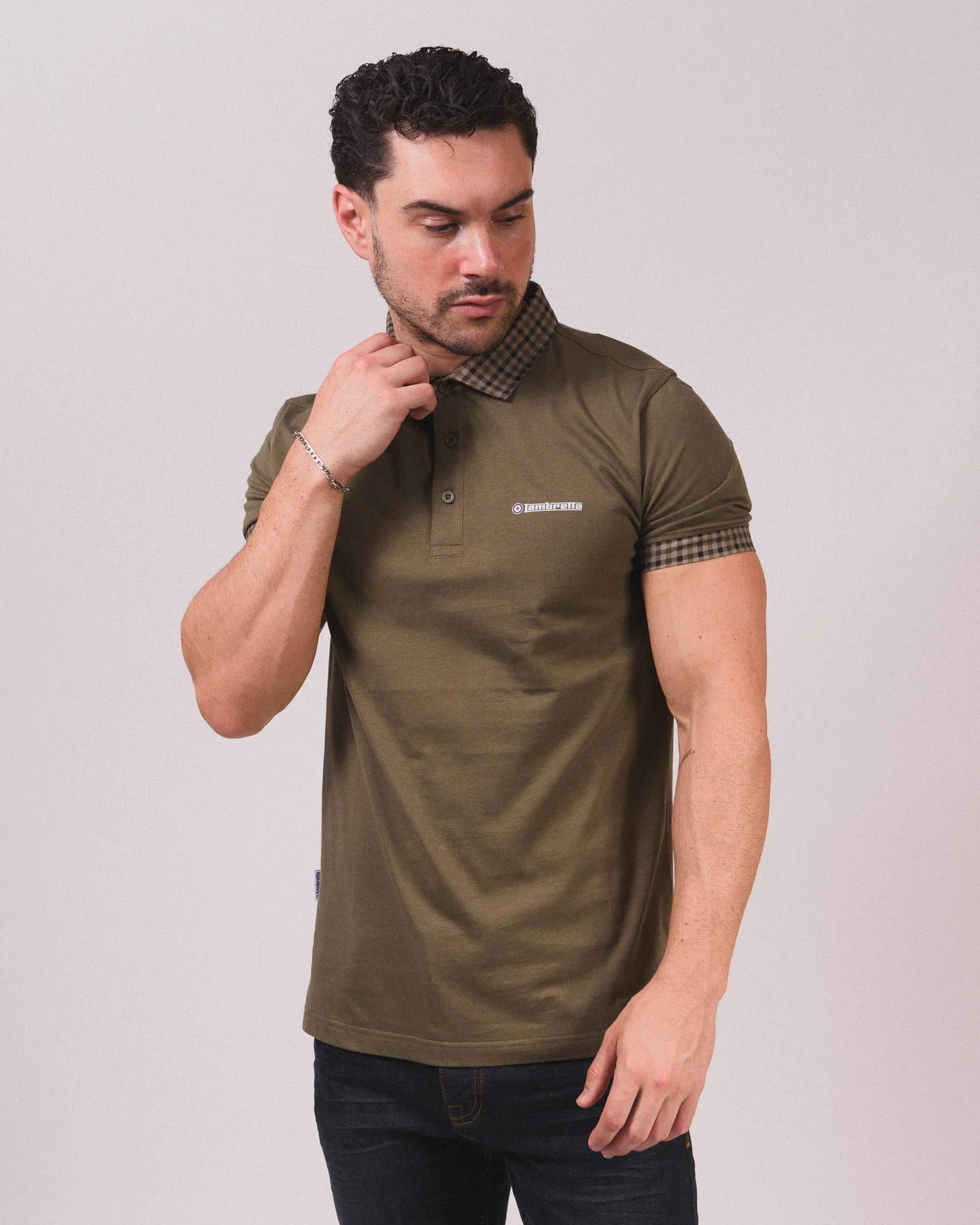 Lambretta Gingham Collar Polo Khaki - 070