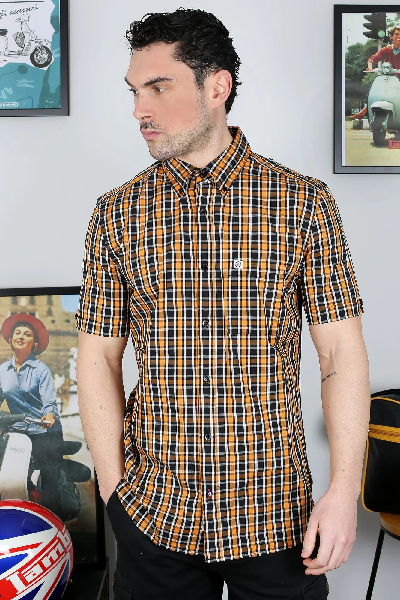 Lambretta SS Check Shirt Black/White/Orange - 116