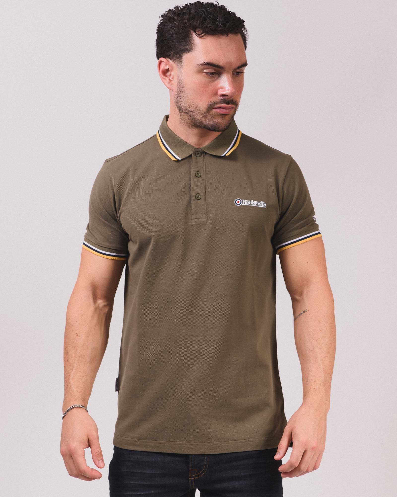 Lambretta Triple Tipped Polo Khaki White/Navy/Gold- 035