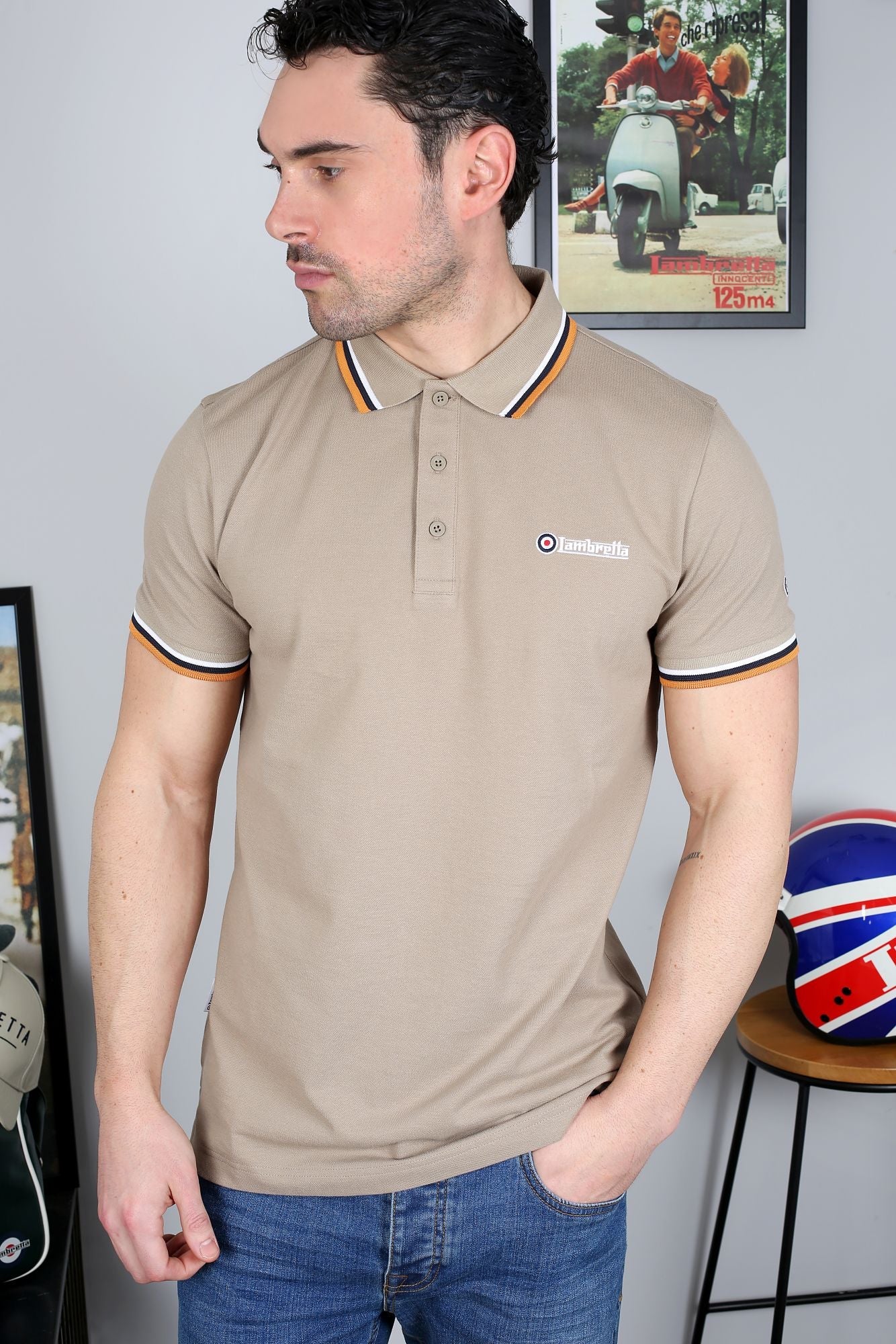 Lambretta Triple Tipped Polo Cashew White/Navy/Apricot - 125