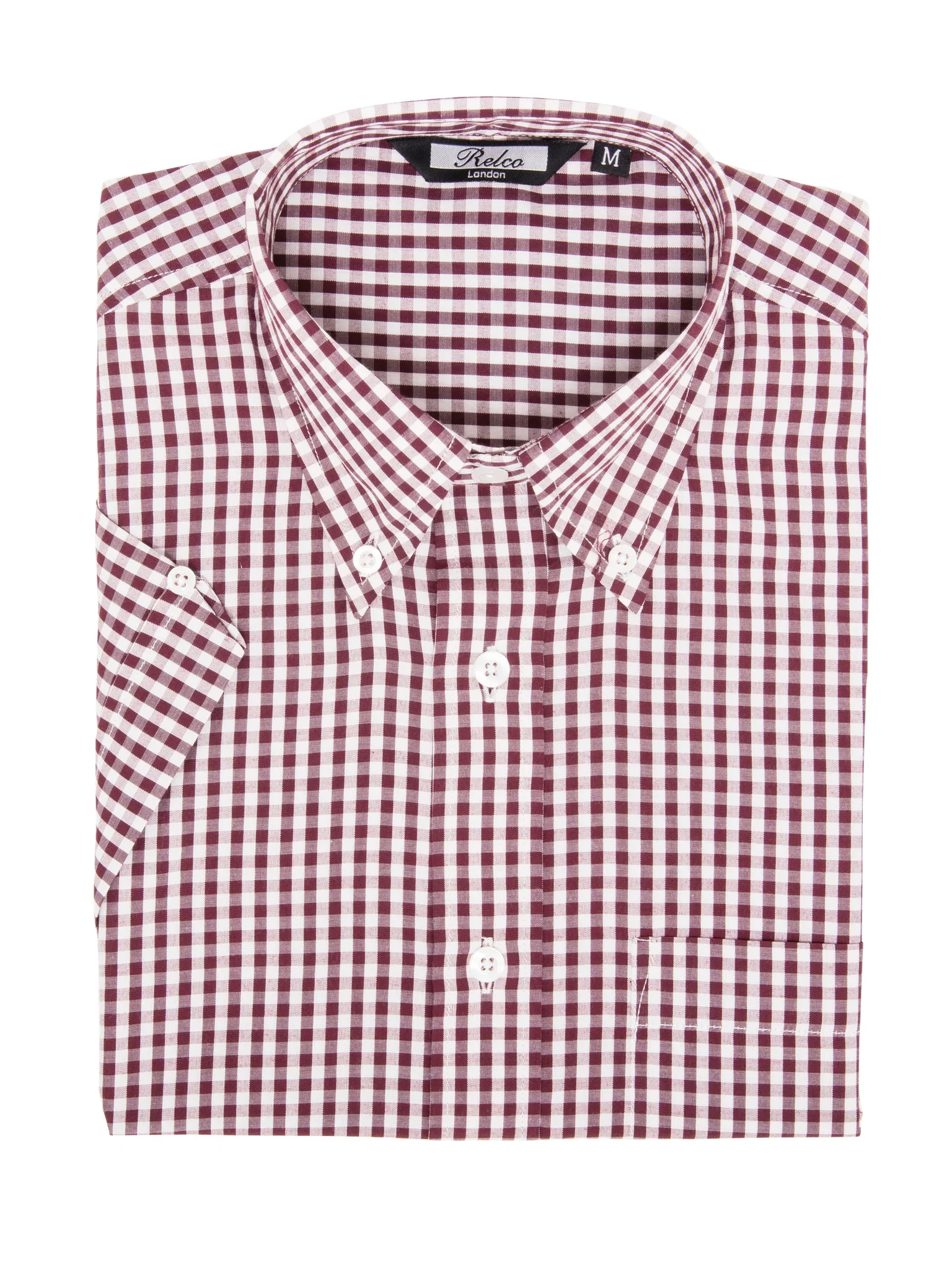 Relco Men's Burgundy & White Checked Gingham SS Shirt - 343 - Image 3