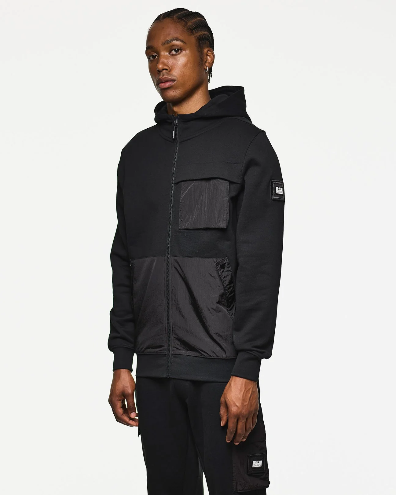 Weekend Offender Daponte Zip Through Hoodie With Parachute Overlay Black - 589