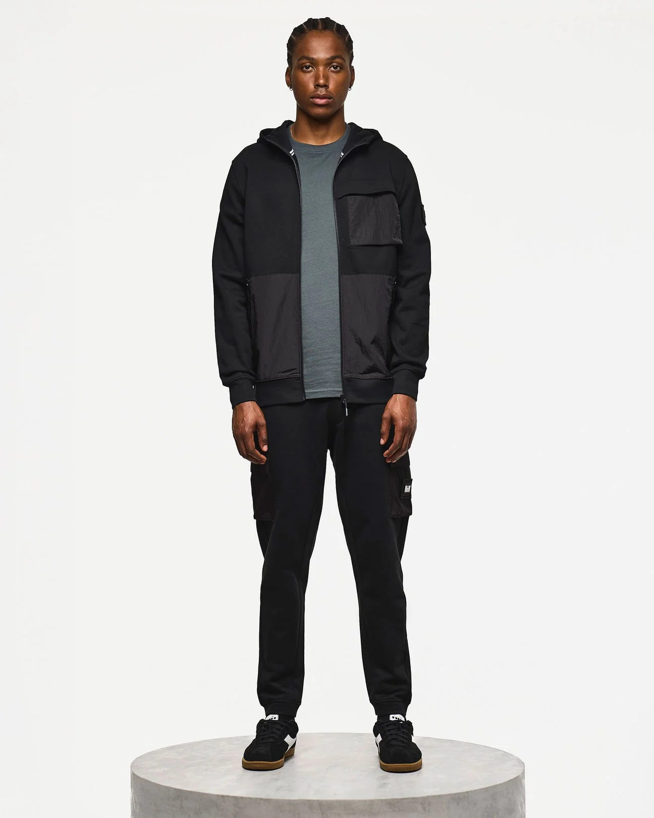 Weekend Offender Daponte Zip Through Hoodie With Parachute Overlay Black - 589 - Image 3